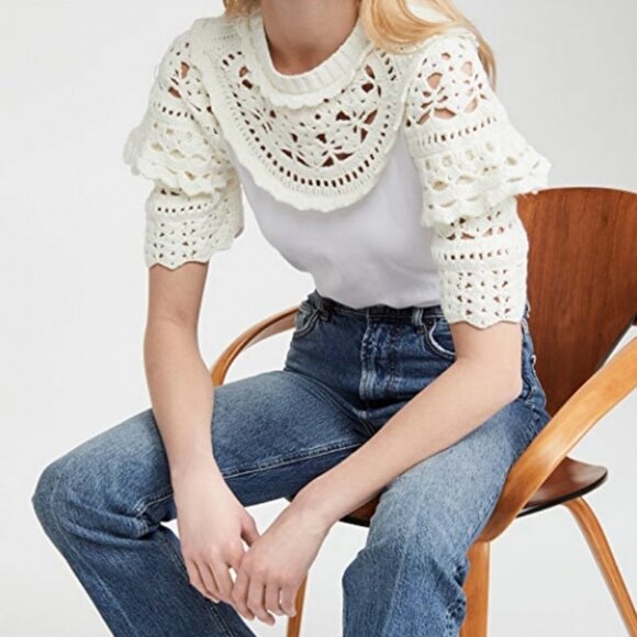 NEW Sea New York Crochet Puff Sleeve White T-Shirt Size Small Tee Shopbop Boho S - Picture 2 of 12